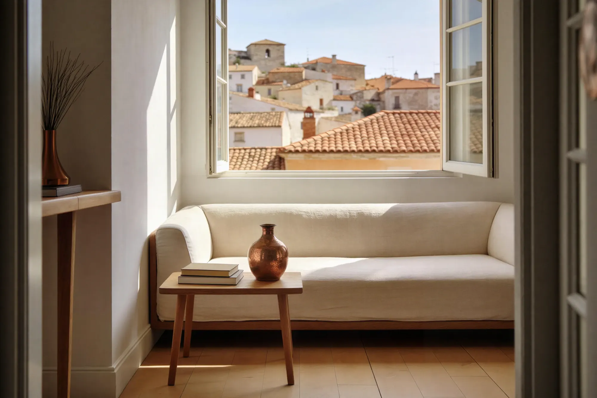 Salón luminoso con un sofá de lino junto a una ventana abierta a los tejados de un pueblo